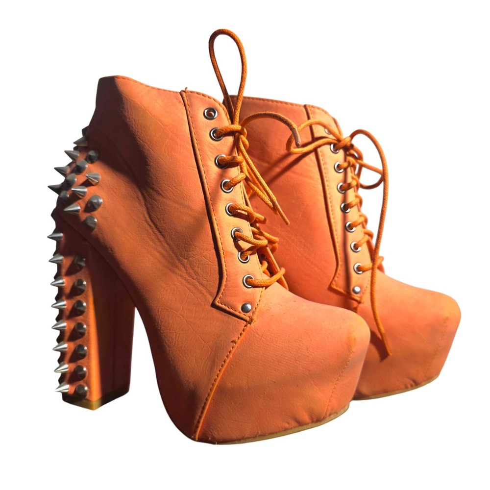 Orange‎ Studded Platform Chunky Heel Lace Up Ankle Boots Women